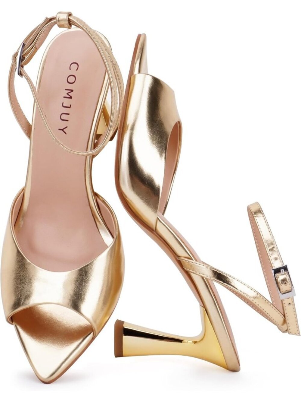 Women's Gold Peep Pointed Toe Kitten Heeled Sandals Strappy Flared Heels Shoes